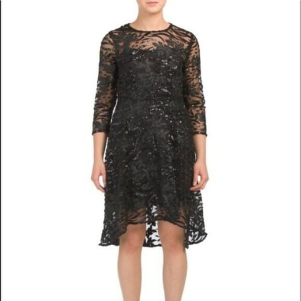 NEW NANETTE LEPORE Sequin Lace Dress Women's 8‎ Black Floral 3/4 Sleeve High Low